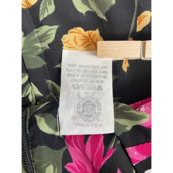 Vintage Midi Dress 6 Black Pink Floral Pleated Drop Waist Romantic Cottage 90s - Picture 11 of 16